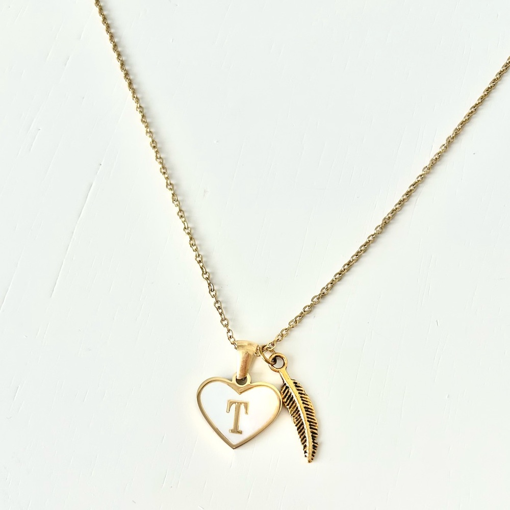 Initial Letter Necklace. T. Gold Heart and Feather 14k Gold Plated